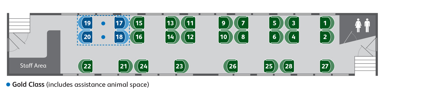 Gold Class carriage layout diagram showing locations of seats, doors, aisles and toilet. Full details in text below image