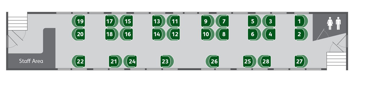 Gold Class carriage layout diagram showing locations of seats, doors, aisles and toilet. Full details in text below image