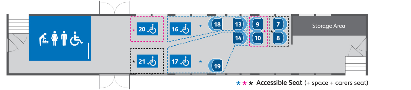 Gold Class carriage layout diagram showing locations of seats, doors, accessible spaces and toilet. Full details in page text