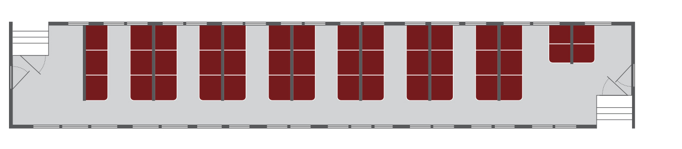 Example Heritage Class carriage layout diagram, including seats, assistance animal spaces and toilets. Details in text on page.