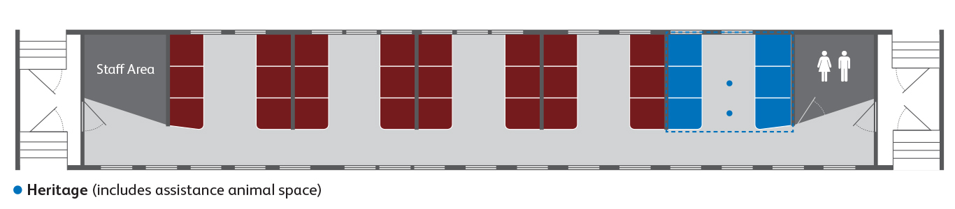 Example Heritage Class carriage layout diagram, including seats, assistance animal spaces and toilets. Details in text on page.