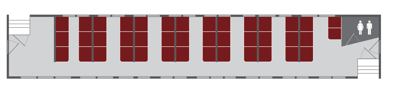 Example Heritage Class carriage layout diagram, including seats, assistance animal spaces and toilets. Details in text on page.