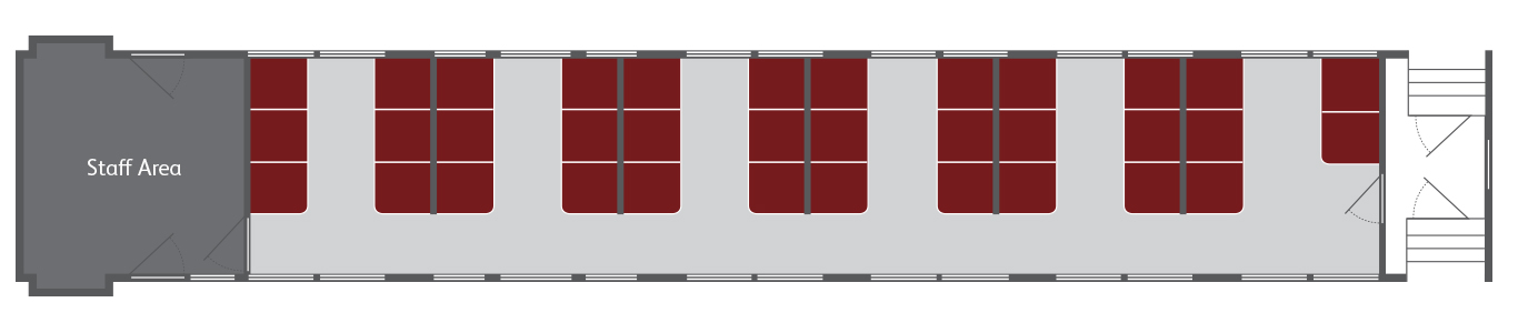Example Heritage Class carriage layout diagram, including seats, assistance animal spaces and toilets. Details in text on page.