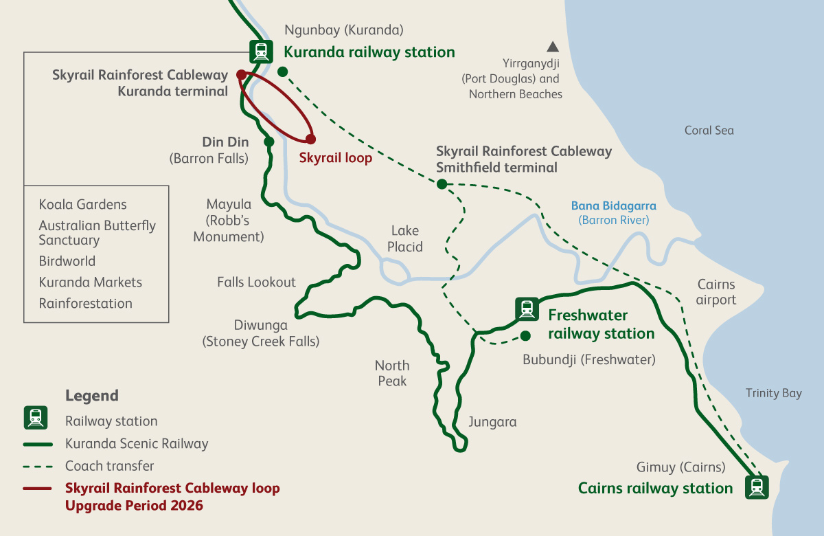 Map detailing Skyrail route loop. See page text for details